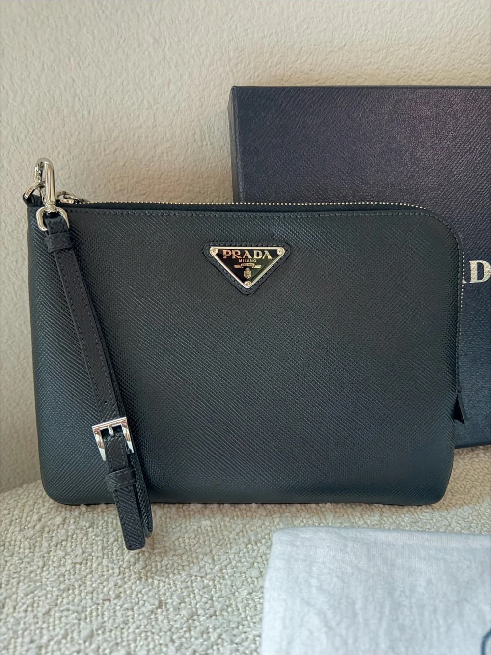 Prada Black Saffiano Leather Men’s  Wrist Strap Pouch